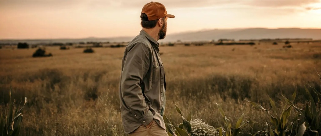 a farmer wearing a red hat starring in the distance