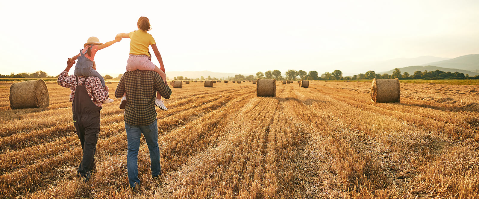 a family of four walking through a field